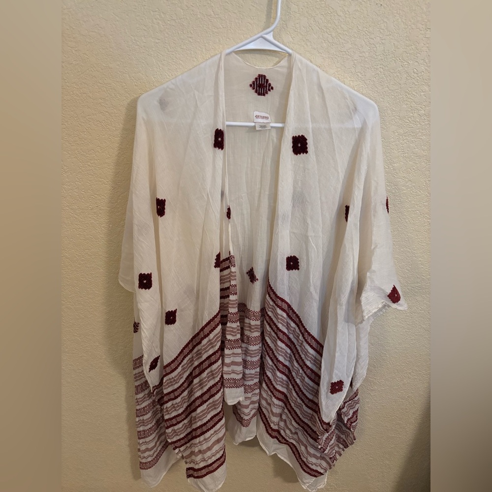 Shyanne Cream and Burgundy Boho Flowy Embroidered Kimono, One Size